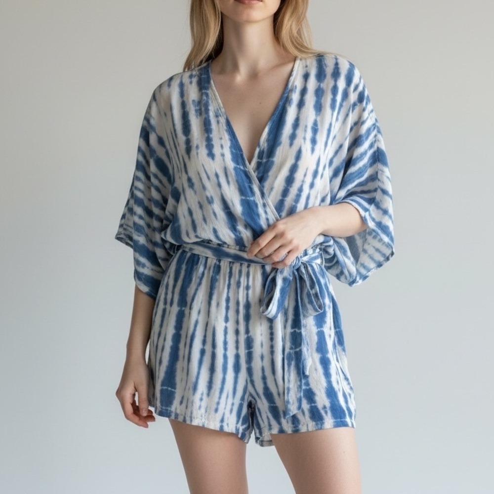 Lulus | Blue White Shibori Tie Dye Romper Kimono Sleeve V-Neck Small